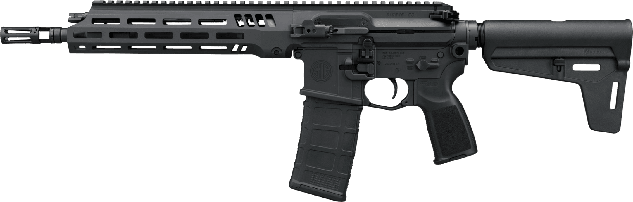 Sig Sauer SIG516 G3 pistol, left side, black, with M-LOK handguard and folding brace